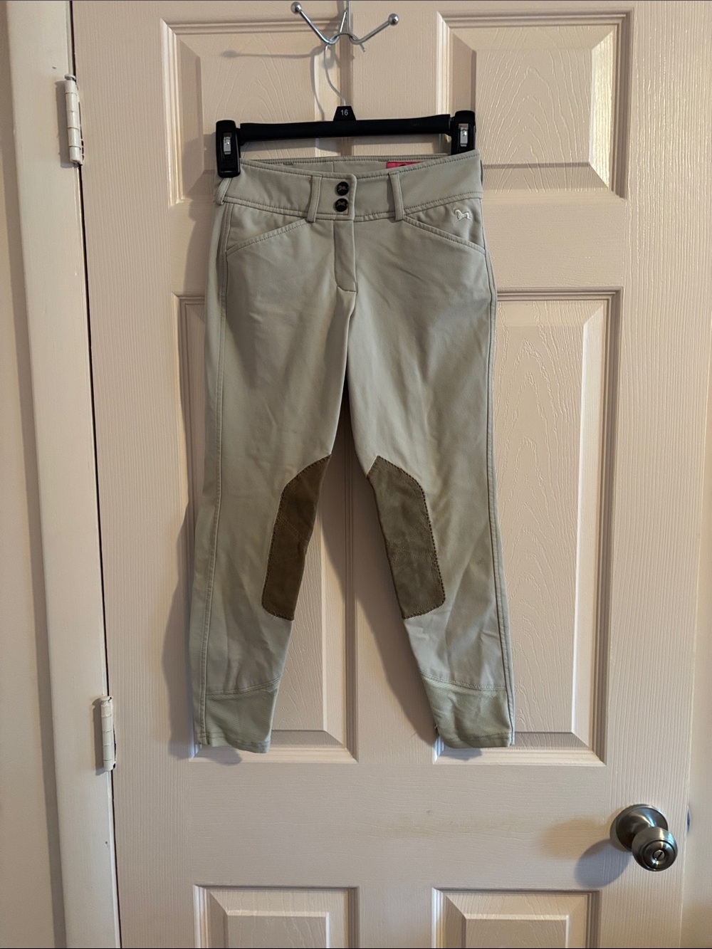 Women’s Light Gray Ankle Riding Breeches with Olive Suede Knee Patches